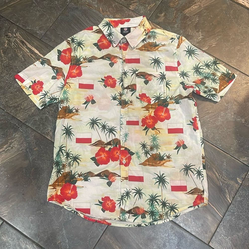 NFL Poland Floral Men’s Button Up Hawaiian Polish Shirt Size Large